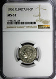 GREAT BRITAIN George V Silver 1936 6 Pence NGC MS62 LAST YEAR FOR TYPE KM# 832