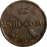 SWEDEN Adolf Frederick Copper 1762 S.M. 2 Ore SCARCE KM# 461(15 235)