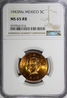 MEXICO Bronze 1943 Mo 5 Centavos NGC MS65 RB  RED ! TOP GRADED KM# 424 (14)