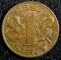 ESTONIA Bronze 1929 1 Sent UNC RED-BROWN KM# 10 (23 944)