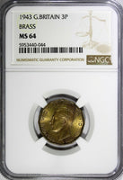 Great Britain George VI Brass 1943 3 Pence WWII Issue NGC MS64 KM# 849 (44)