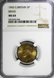 Great Britain George VI Brass 1943 3 Pence WWII Issue NGC MS64 KM# 849 (44)