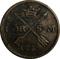 SWEDEN Frederick I (1720-1751) Copper 1749 1 Ore Mintage-312,900 KM# 416.1