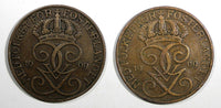 Sweden Gustaf V Bronze LOT OF 2 COINS 1909 5 Öre  SCARCE DATE KM# 779.2 (20 623)