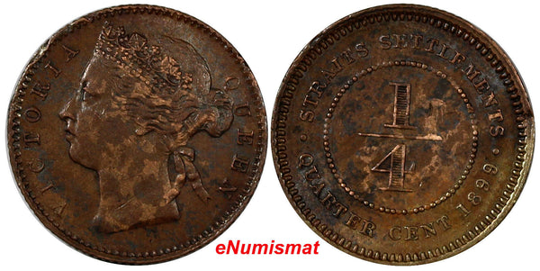 STRAITS SETTLEMENTS Bronze Victoria 1899  1/4  Cent VF+ Condition KM# 14  (84)