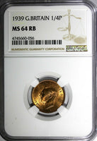 Great Britain George VI  Bronze 1939 Farthing NGC MS64 RB NICE TONING  KM# 843