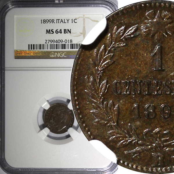 Italy Umberto I Copper 1899 R 1 Centesimo NGC MS64 BN KM# 29 (018)