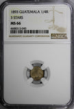Guatemala Silver 1893 1/4 Real NGC MS66 3 STARS Nice Light Toning KM# 161