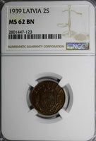 Latvia Bronze 1939 2 Santimi NGC MS62 BN 1 YEAR TYPE KM# 11.2