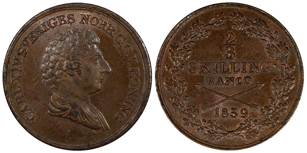 Sweden Carl XIV Johan Copper 1839 2/3 Skilling ch.aUNC KM# 641 (20 848)