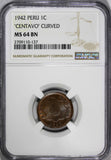 PERU Bronze 1942 1 Centavo "Curved legend " NGC MS64 BN Thin planchet.KM# 211a