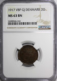 Denmark Christian X Bronze 1917 VBP GJ 2 Ore NGC MS63 BN SCARCE KM# 813.1  (241)