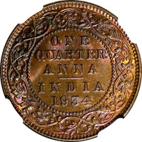 India-British George V Bronze 1934 (C) 1/4 Anna NGC MS65 RB NICE RED KM# 512 (5)