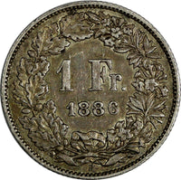 Switzerland Silver 1886 B 1 Franc Helvetia VF Toned KM# 24 (19 897)