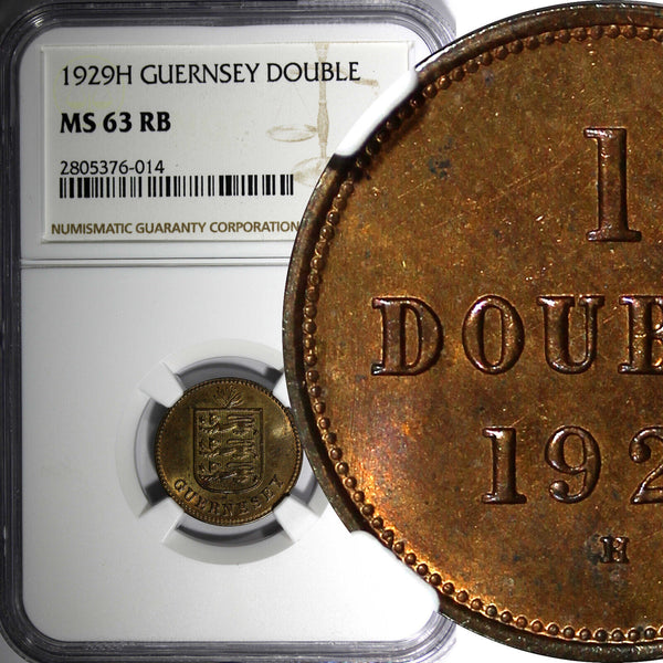 Guernsey Bronze 1929 H Double NGC MS63 RB RED TONING  KM# 11 (014)