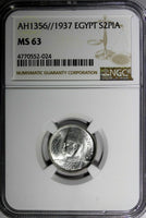EGYPT Farouk Silver AH1356//1937 2 Piastres NGC MS63 Mintage-500,000 KM#365(024)