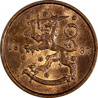 Finland Copper 1937 10 Penniä  UNC Condition KM# 24 (17 470)