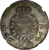 SWEDEN Gustaf III Silver 1776 OL Riksdaler Large Cross NGC AU55 Dav-1735,KM# 514
