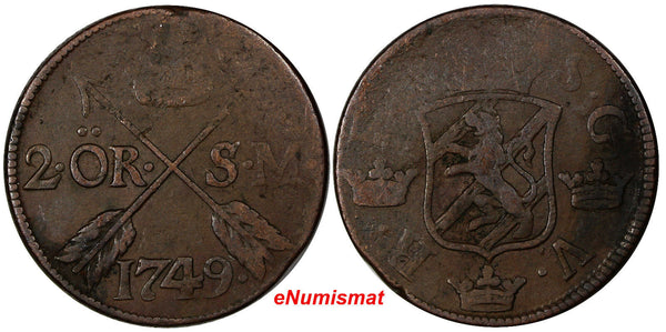 Sweden Fredrik I Copper 1749 2 Ore, S.M.Silvermynt Mintage-313,000 KM#437 (321)