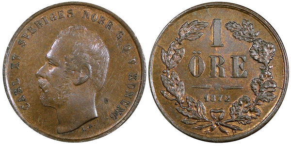 Sweden Carl XV Adolf Bronze 1872 L.A. 1 Ore  UNC Condition KM# 705 (22 000)