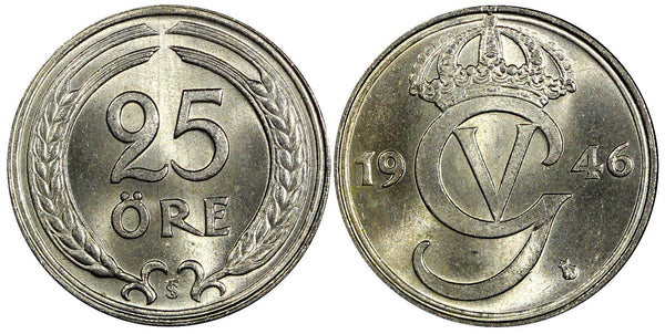 Sweden Gustaf V Nickel-Bronze 1946 TS 25 Öre  GEM BU KM# 798 (22 040)