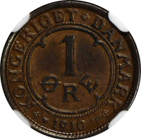 Denmark Frederik VIII Bronze 1910 VBP, GJ 1 Ore NGC MS62 BN KM# 804