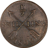 Sweden Gustaf IV 1802 1/2 Skilling Overstruck on 1 Ore 1730-1769 Brown KM# 565