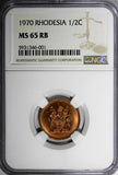 Rhodesia Bronze 1970 1/2 Cent NGC MS65 RB NICE RED KM# 9 (001)