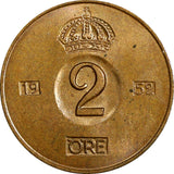 Sweden Gustaf VI Bronze 1952 TS 2 Ore GEM BU Toned KM# 821 (21 959)