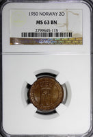 Norway Haakon VII Bronze 1950 2 Ore NGC MS63 BN 1 GRADED HIGHEST KM# 371 (115)