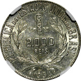 Brazil Silver 1934 2000 Reis NGC AU55 Last Year Type KM# 526 (004)