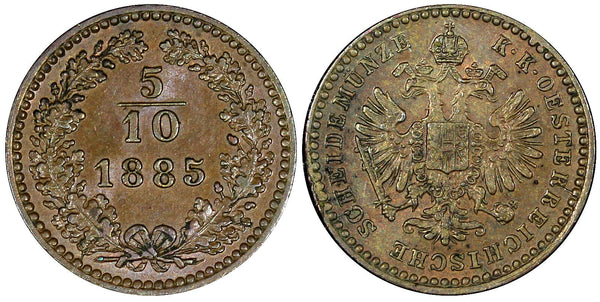 Austria Franz Joseph I Copper 1885 5/10 Kreuzer  XF KM# 2183 (21 467)