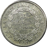 Bolivia Silver 1871 PTS FP 1 Boliviano XF Condition KM# 155.3