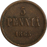 Finland Aleksandr II Copper 1865 5 Penniä Mintage-480,000 RARE DATE KM# 4.1 (9)