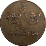Sweden Gustaf V 1927 5 Öre Mintage-36,380 RARE KEY DATE KM# 779.2 (20 615)