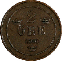 Sweden Oscar II Bronze 1901 2 Ore large letters KM# 746 (18 546)