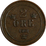 Sweden Oscar II Bronze 1901 2 Ore large letters KM# 746 (18 546)