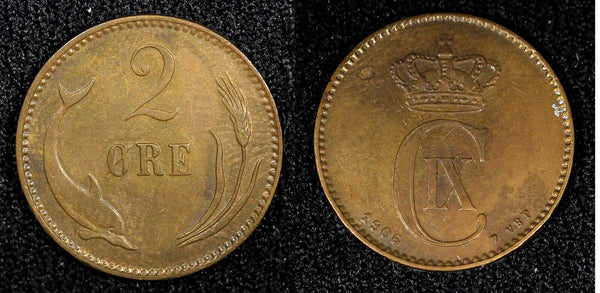 Denmark Christian IX Bronze 1906 VBP 2 Ore Last Year Type  KM# 793.2 (454)