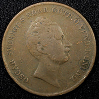 Sweden Oscar I Copper 1847 2 Skilling Banco 33.5 mm Mintage-115,000 KM#664 (565)