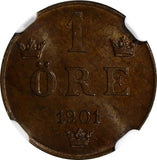 SWEDEN Oscar II Bronze 1901 1 ORE NGC MS64 BN  KM# 750