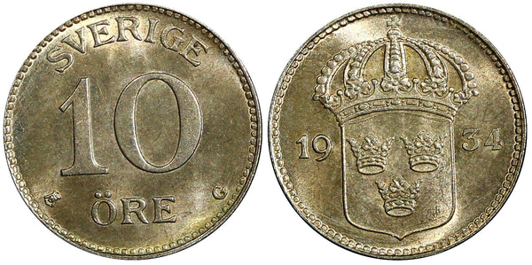 SWEDEN Gustaf V Silver 1934 G 10 Öre UNC TONED KM# 780 (21 903)