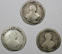 RUSSIA ELIZABETH Silver LOT OF 3 COINS 1748 10 Kopeks,Grivennik  C# 16a