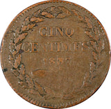 Monaco Honore V Copper 1837 MC 5 Centimes 28mm KM# 95.1a (21 150)
