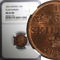 SWEDEN Carl XIV Johan 1832 1/6 Skilling  NGC MS65 RB TOP GRADED KM# 634 (004)