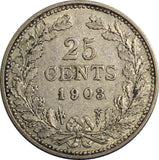 Netherlands Wilhelmina I Silver 1903 25 Cents 19mm KM# 120.2 (6495)
