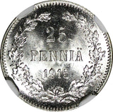 Finland Nicholas II Silver 1915 S 25 Pennia NGC MS66 WWI GEM BU KM #6.2 (004)