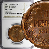 FINLAND RUSSIAN NICHOLAS II Copper 1917 10 Pennia NGC MS63 RB LAST YEAR KM#14(1)