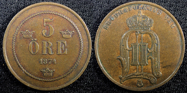 SWEDEN Oscar II Bronze 1874 5 ORE Mintage-866,000 1st Year Type KM# 736 (22 968)
