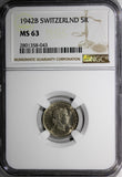 SWITZERLAND Copper-Nickel 1942 B 5 Rappen NGC MS63 HELVETICA KM# 26 (043)