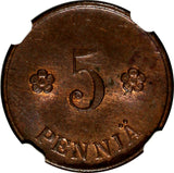 Finland Copper 1922 5 Penniä NGC MS63 BN TOP  GRADED KM# 22 (027)